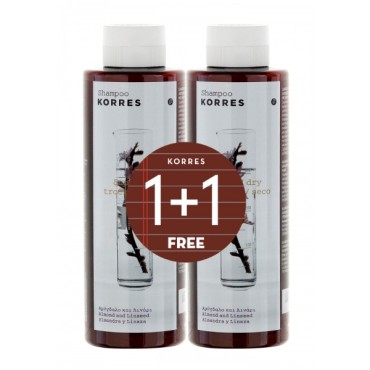 Korres Σαμπουάν Για Ξηρά-Αφυδατωμένα Μαλλιά Με Αμύγδαλο & Λινάρι 250 ml 1+1 Δώρο