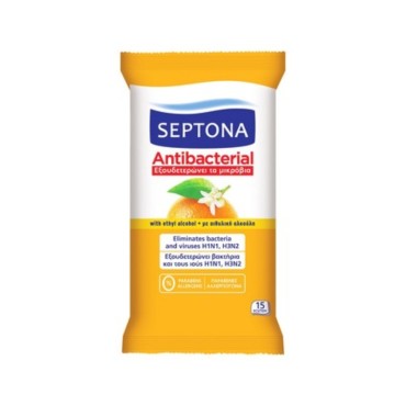 Septona Αντιβακτηριδιακά Μαντηλάκια Χεριών με Άρωμα Πορτοκάλι 15 Tμχ