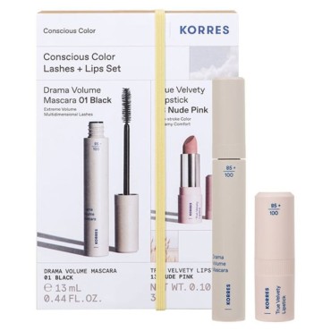 Korres Conscious Color Lashes & Lips Set Drama Volume Mascara 01 Black 13ml & True Velvety Lipstick 13 Nude Pink 3gr