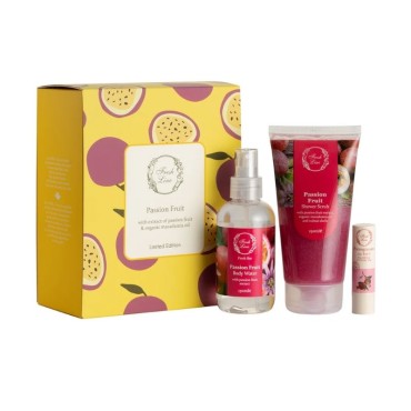 Fresh Line Passion Fruit Shower Scrub 150ml & Passion Fruit Body Water 150ml Lip Balm Pomegranate 5.4g